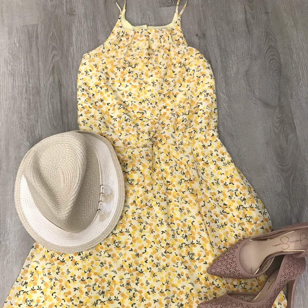 yellow floral summer dress with spaghetti straps